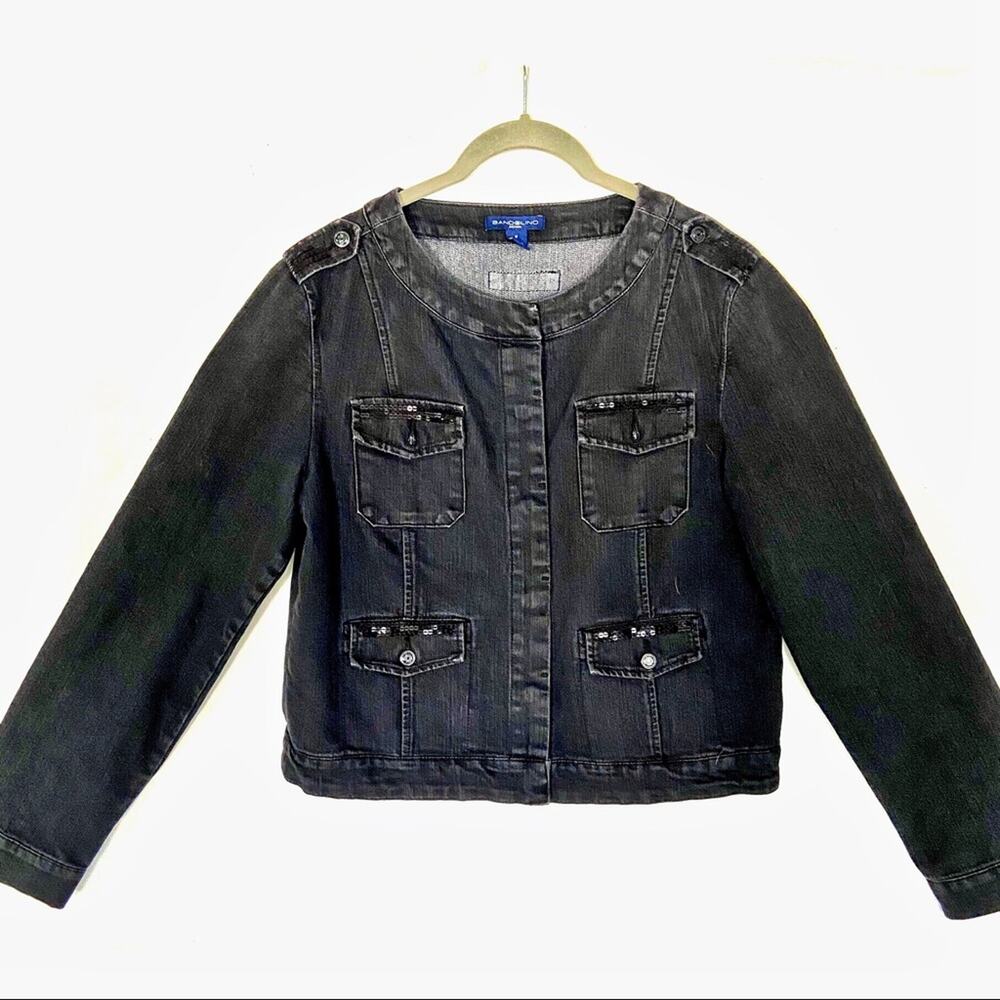 Bandolino Jean Jacket Sz M Sequin Detail Black Faded Denim Retro y2k Chic Women